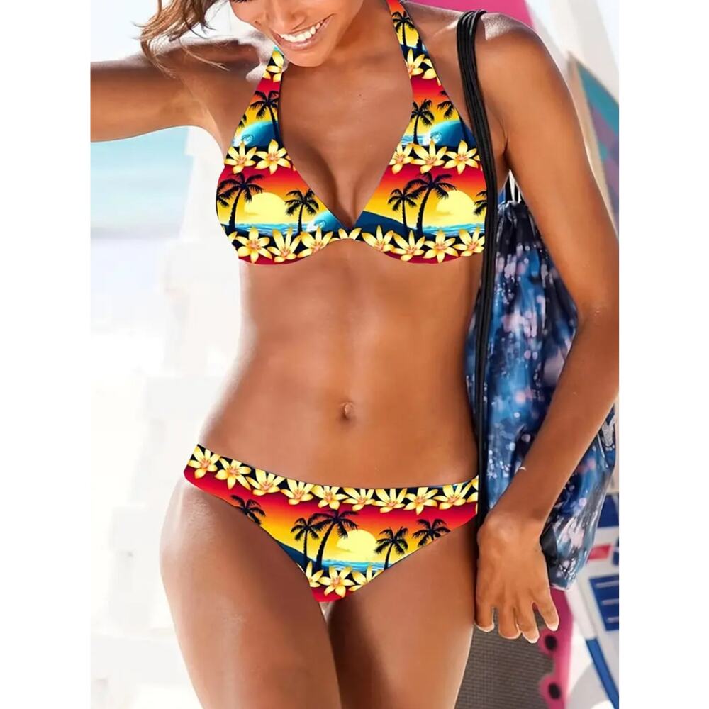 Hawaiian Sunset Print Triangle Top Bikini Size XL